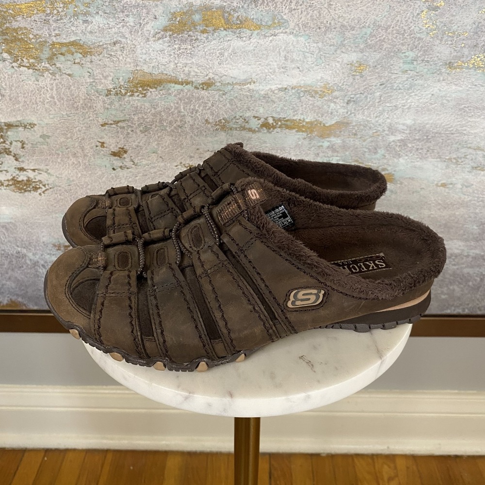 Skechers Shoes Womens Size 7 Brown Leather Faux Fur Asana Mule Slip On Comfort